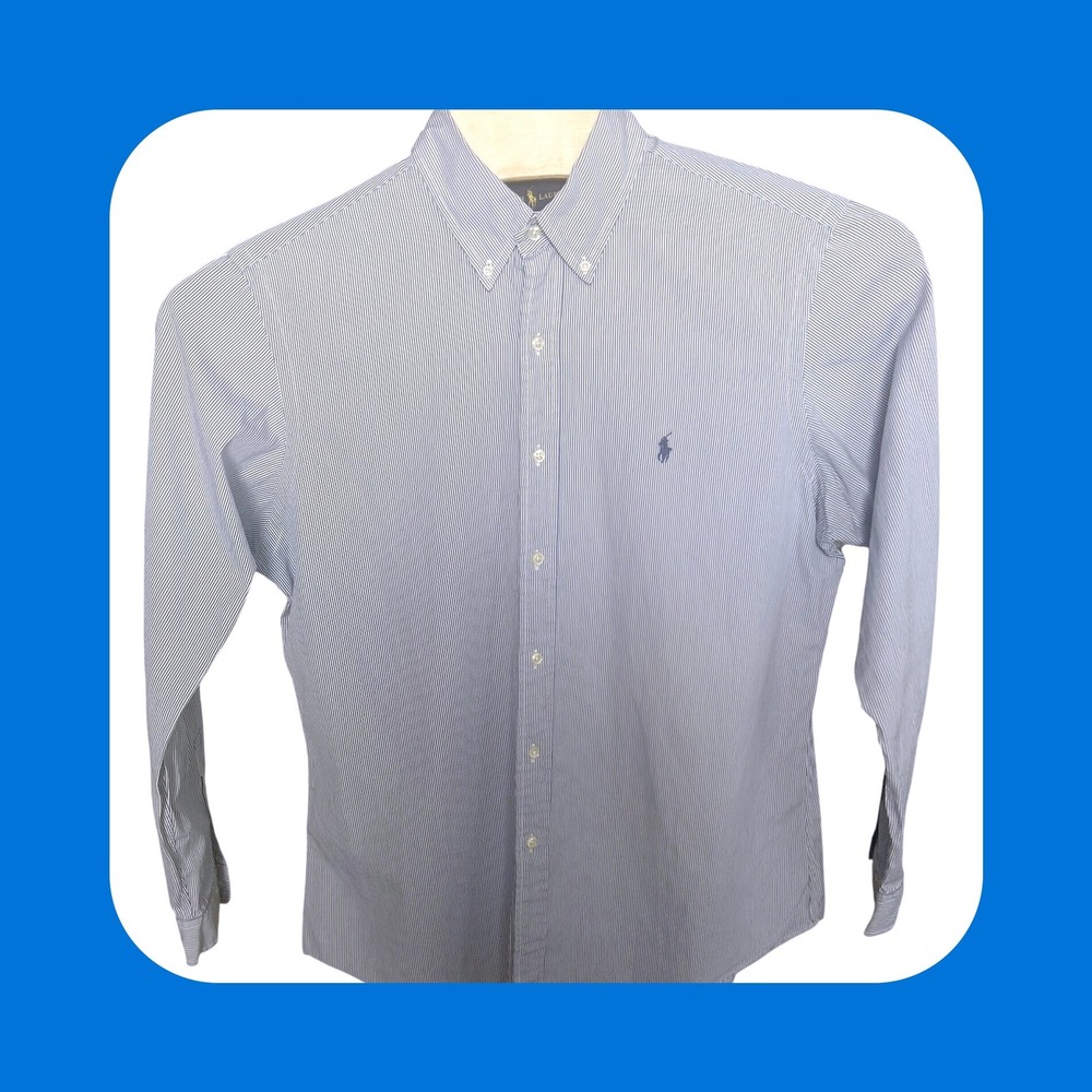 Ralph Lauren Custom Fit Mens 16.5 34/35 Blue White Striped Button Down Shirt